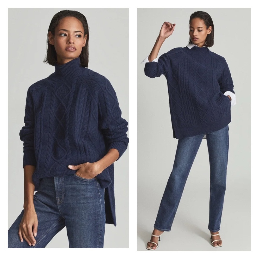 New! REISS “Nina” Cable Knit Relaxed Fit Wool Blend Tunic Jumper